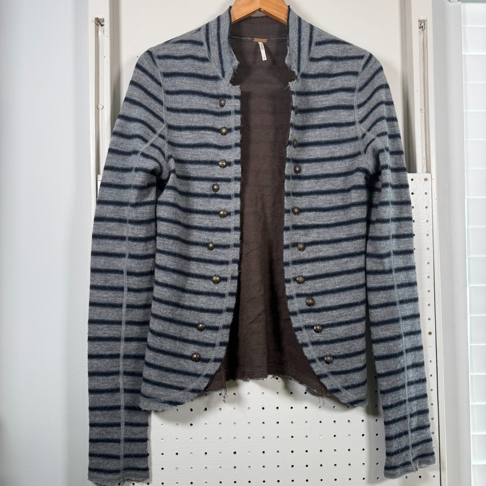 Free People Studded Blazer Women's Gray Striped Wool Knit Open Jacket - Small